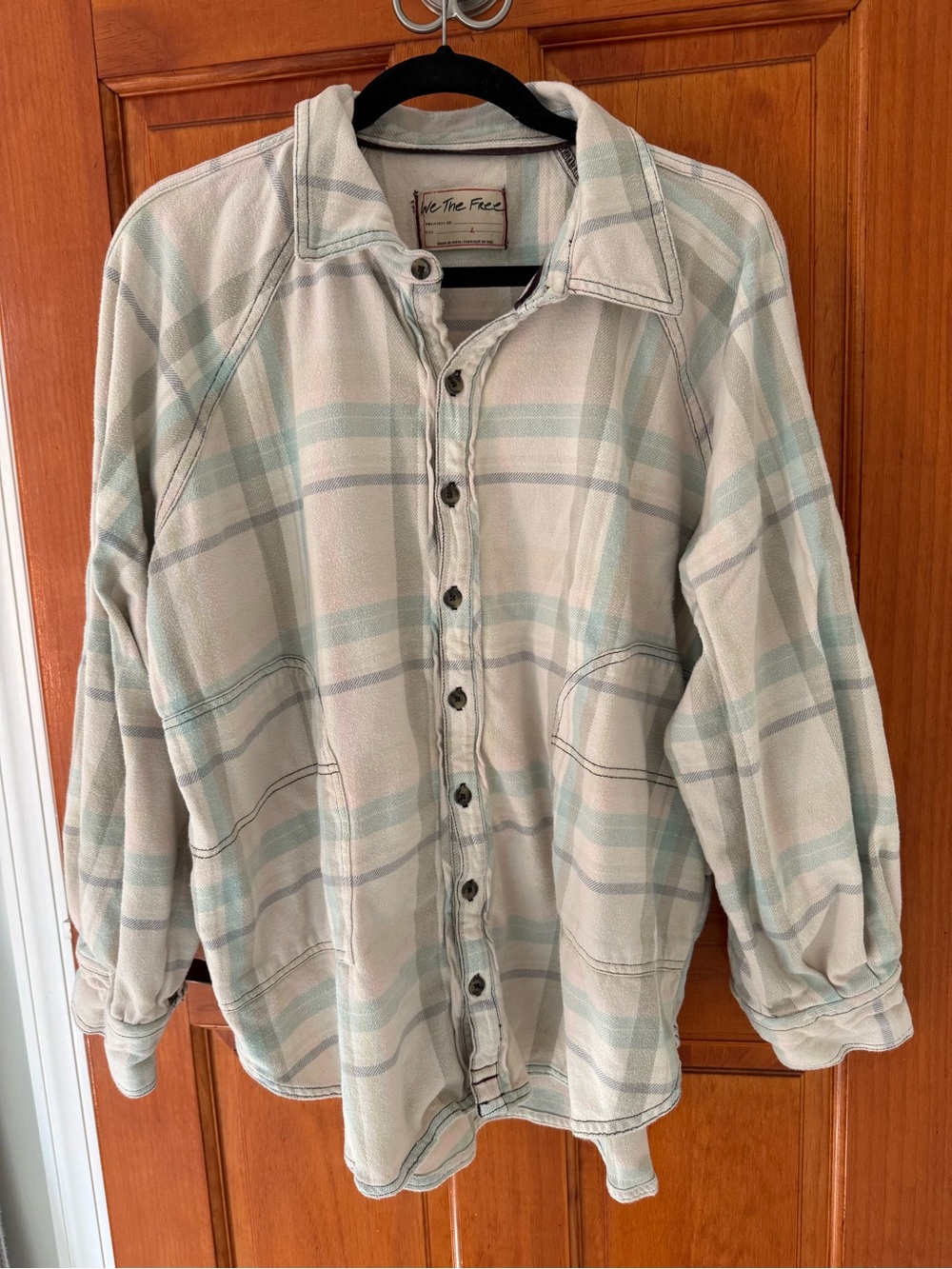 We The Free Mint & Cream Plaid Button-Up Jacket